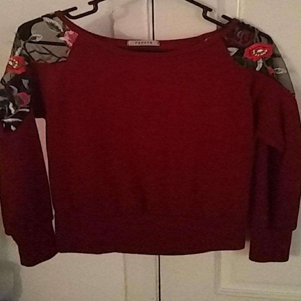 Red and shoulder mesh long sleve sweater shirt.